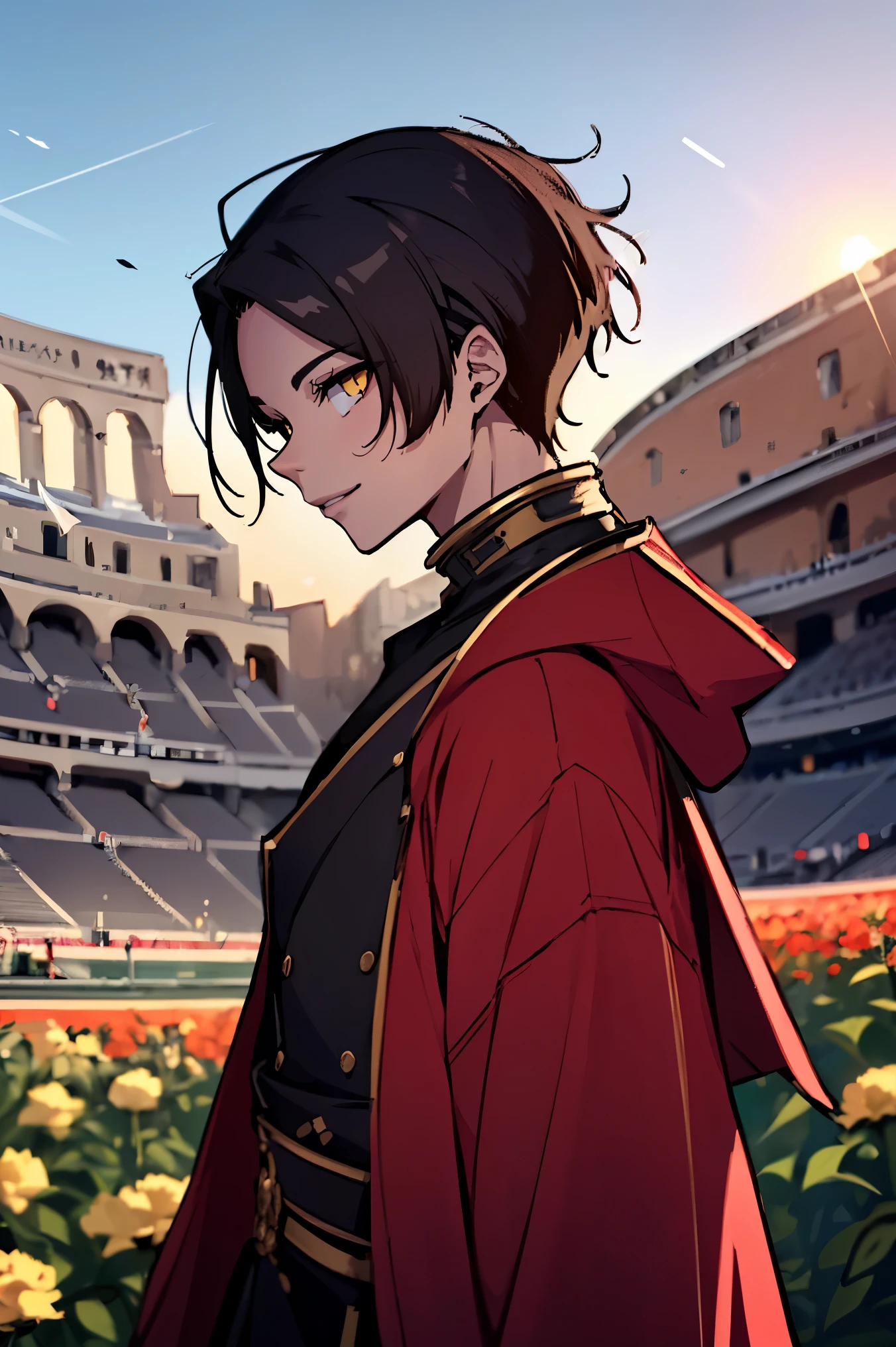 (masterpiece, best quality:1.2), hui xiyi,1boy,hair between eyes,looking at viewer,sash,short hair,solo,yellow eyes, chinese clothes, rekkyo sensen,forehead,short eyebrow, red jacket, black underwear, background((sky, blue sky, colosseum, stage, flower))