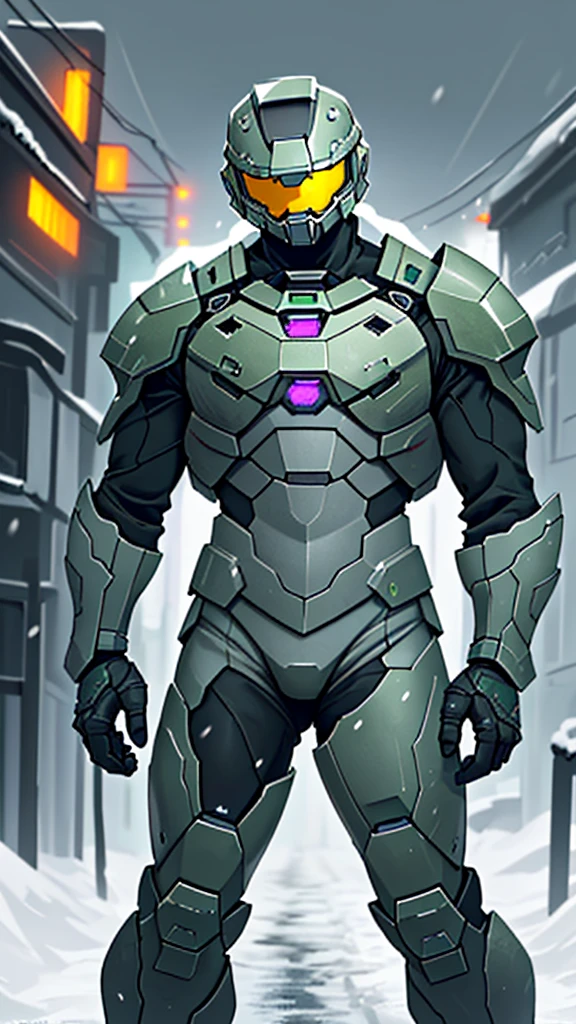 1 Boy，Put on the whole gray armor suit，gray helmet，Green eye patch，Master Chief，Snowstorm all around，Dark weather，Moving things，End of the World，Armored suits have numbers on them