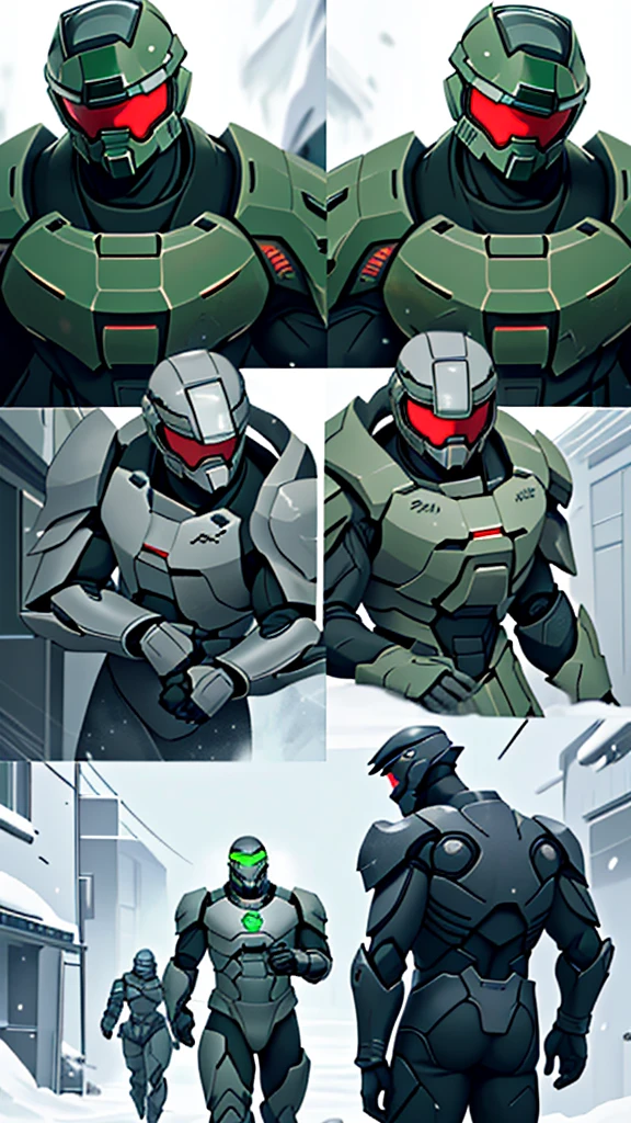 1 Boy，Put on the whole gray armor suit，gray helmet，Green eye patch，Master Chief，Snowstorm all around，Dark weather，Moving things，End of the World，Armored suits have numbers on them