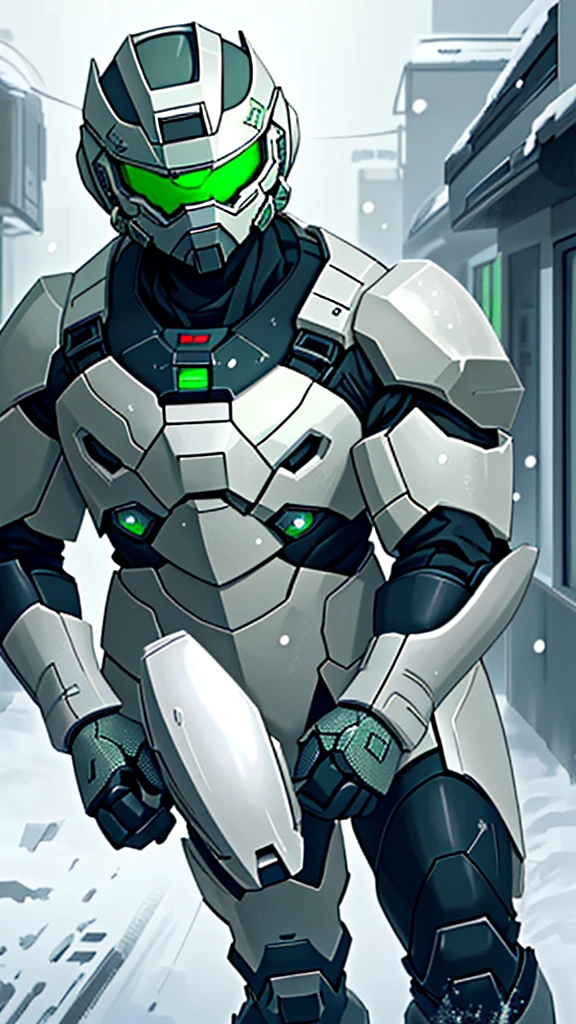 1 Boy，Put on the whole gray armor suit，gray helmet，Green eye patch，Master Chief，Snowstorm all around，Dark weather，Moving things，End of the World，Armored suits have numbers on them