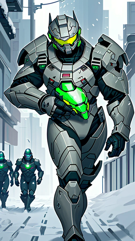 1 Boy，Put on the whole gray armor suit，gray helmet，Green eye patch，Master Chief，Snowstorm all around，Dark weather，Moving things，End of the World，Armored suits have numbers on them