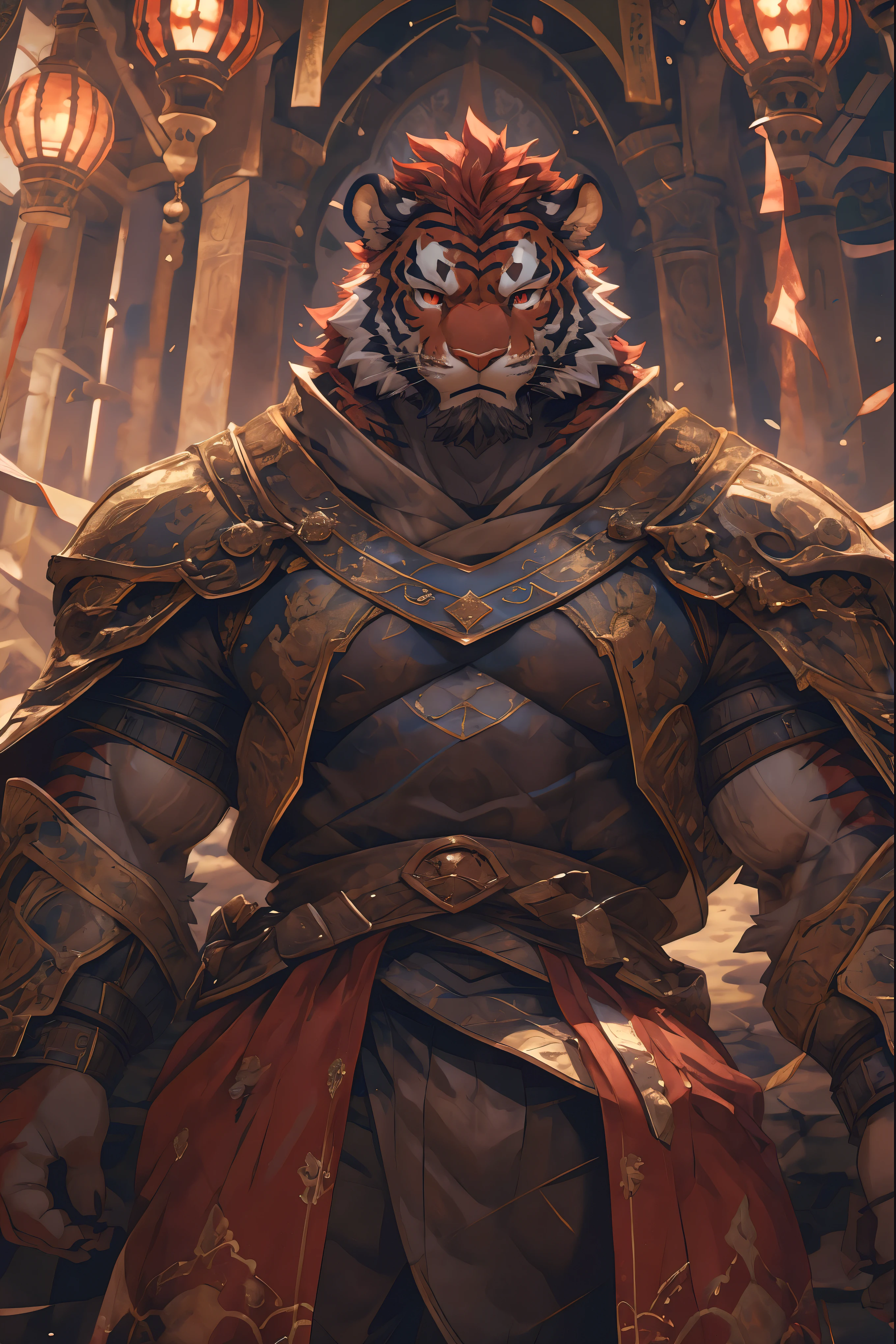 (Red tiger),(Crimson Fire Military Commander Tabard),(Holding a long sword),Awesome posture,Sitting quietly on the edge of the cliff,(The background is a city with bright lights.:1.2),Abdominal muscles,A perfect masterpiece,Various facial details,Close-up view,specific description,masterpiece,cg,(Red eyes),Crimson pattern,Crimson tail,Military commander,Heroic,tiger,Crimson fur,Detailed facial details,),(Half Body),(Long feather),((middle aged)),(Face Focus:1.3),(16K),HD,Red and white abdomen,temple,beard,(Face lines),heterochromia,(Red battle robe),(Crimson hair),Strong,muscle,(high resolution:1.3),