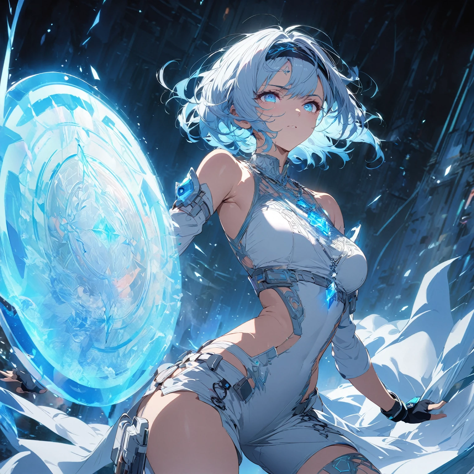 Create an image of a gentle girl with short, silvery-blue hair wearing a fitted, high-collar, long-sleeved shirt with glowing runic patterns, slim-fit cargo pants, fingerless gloves with LED strips, articulated knee guards, and sturdy, glowing-trim combat boots; she has a high-tech headband, (nude:0.8) a silver necklace with a crystal pendant, and a wrist-mounted holographic projector, and she is generating a large, translucent energy shield with intricate, glowing blue patterns, standing in a dynamic yet gentle pose with a dark, dramatic background illuminated by blue light and energy waves, detailed gorgeous face| anime style| key visual| intricate detail| highly detailed| breathtaking| vibrant| panoramic| cinematic| Carne Griffiths| Conrad Roset| gibbli 8