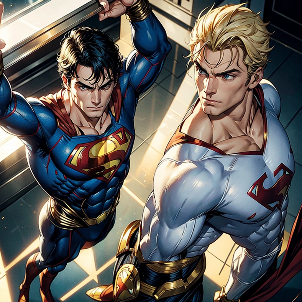 Man with blonde hair, slim muscular complexion with large brown eagle wings on his back, blue eyes, red t-shirt with red and blue stripes, vest with blue print with stars, red pants, blue denim pants, large brown falcon wings on his back, mountain background 