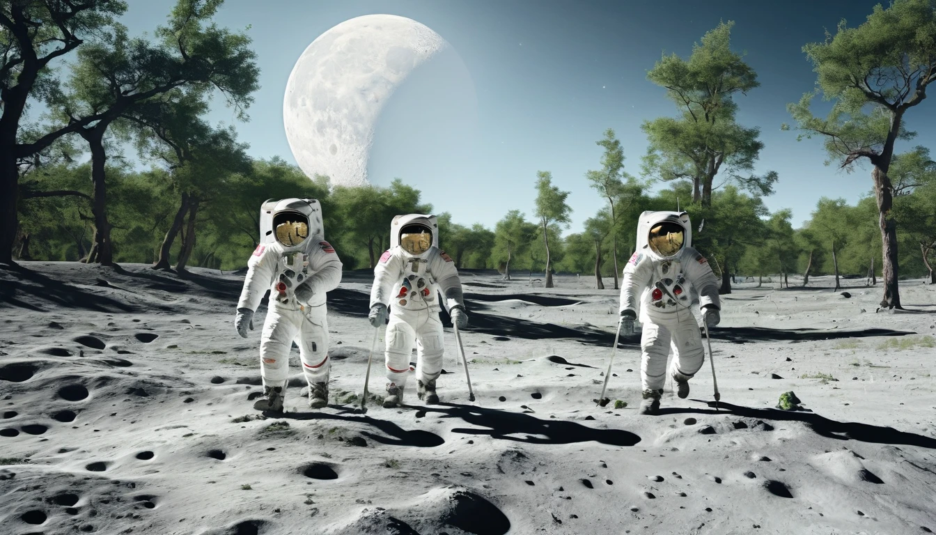 Astronauts walking on the lunar surface with grass and trees
