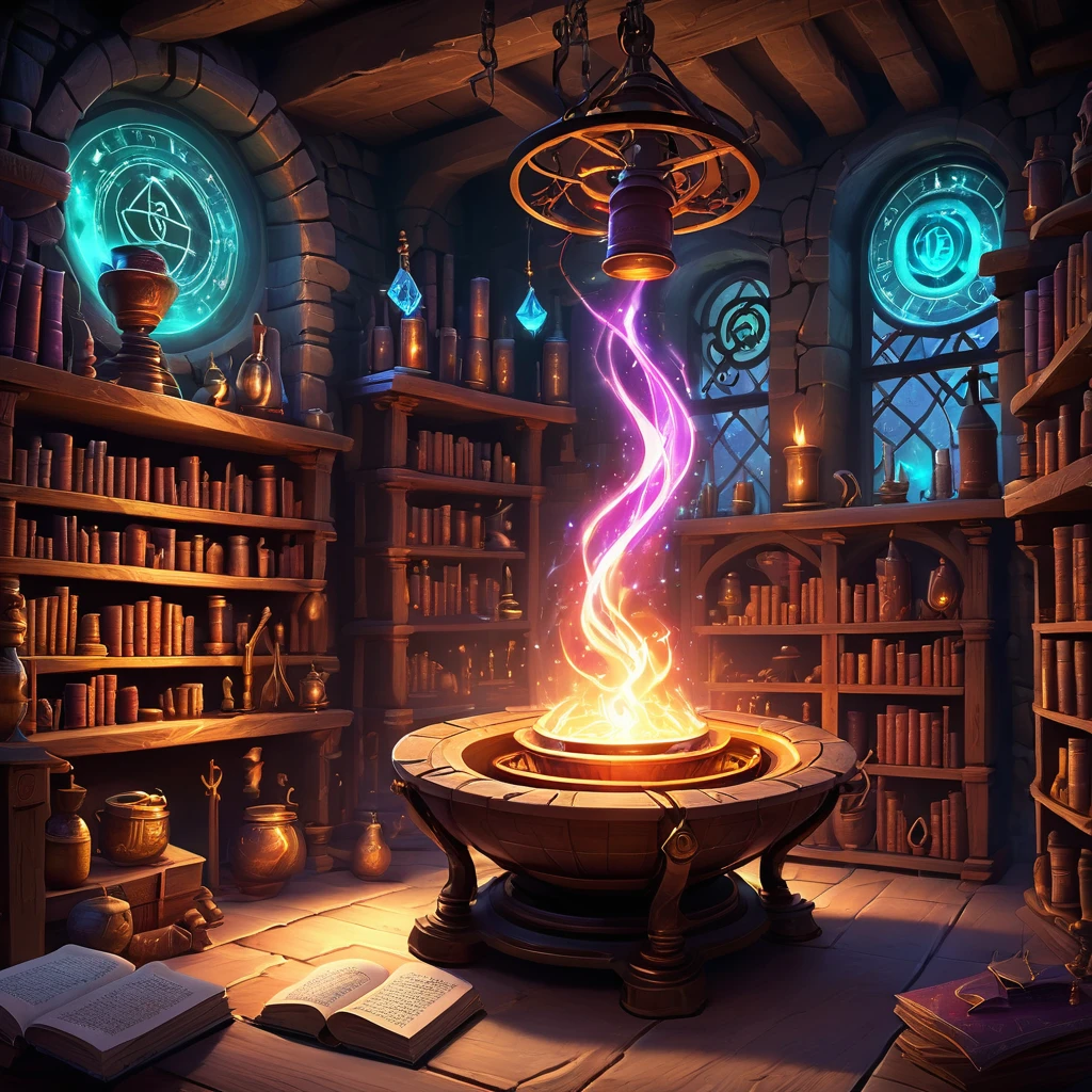 (background: mystical laboratory with glowing runes:1.2), (Features: ancient shelves filled with dusty tomes and mystical ingredients:1.0), (central focus: a large bubbling cauldron emitting colorful vapors:1.2), (Accessories: floating potion vials, enchanted alembics, glowing crystals:1.2), (ambient details: arcane symbols etched into the stone walls, flickering candlelight casting dancing shadows:1.0), (additional elements: mystical apparatus like spinning astrolabes, levitating spell books, and mystical diagrams:1.3), (environmental magic: sparks of magical energy drifting through the air, soft hum of incantations resonating through the room, ethereal glow illuminating the scene:1.5), best quality, masterpiece, detailed soft oil painting, detailed background, dramatic cinematic lighting, soft edge lighting, professional, dramatic lighting, hard edge lighting, ultra quality, 4k, masterpiece, best quality, 8k, ultra high definition, high resolution, extremely detailed