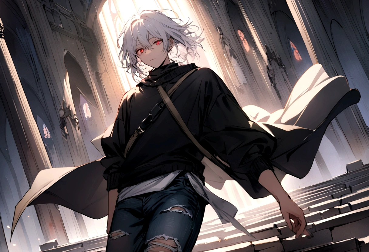 A guy with shoulder-length white hair and light red eyes.wore a black jumper, ripped red jeans and blue and white sneakers