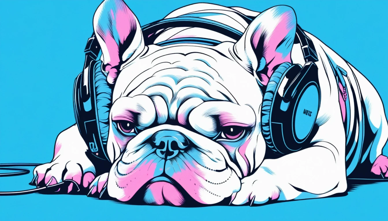 Illustrator, anime , Realistic ,sketch , Bulldog with headphones, Lying face down,lip, T-shirt,order,Textured Trim, (masterpiece,Highest quality) Blue background, Neon Hair,Textured Trim, Canadian, (masterpiece,Highest quality) Cancer,