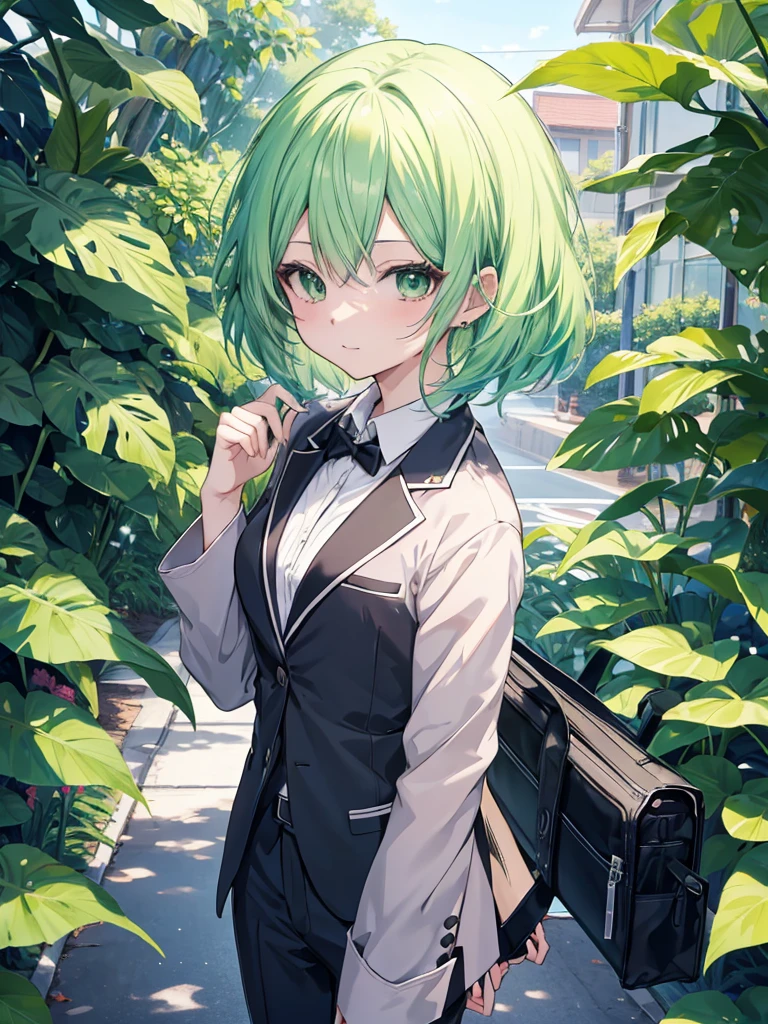 anime style 4 k, anime style. 8k, anime art wallpaper 8k, light green hair, no background, graduated haircut, business suit,