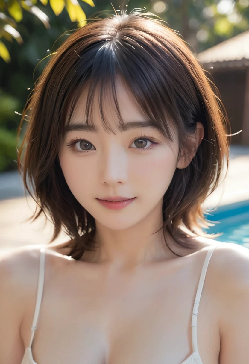 (Highest quality,8K quality,masterpiece:1.3),(Ultra-high resolution,Realistic:1.4,Live Shooting),(Very detailed,Caustics),(Ultra-Realistic Capture,(((Poolside)),beautifully detailed skin),19 years old,Beautiful Japanese, Medium Hair, Asymmetrical bangs, Brown Hair, I'm looking at the camera with a smile on my face,Soft Light,A ray of light shining from above,Natural light，((Pareo))，(((1 female))),