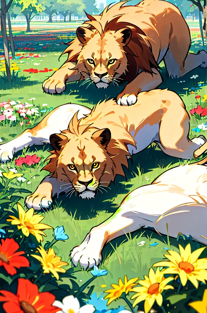 Lion playing in the park  filled with brightly colored flowers