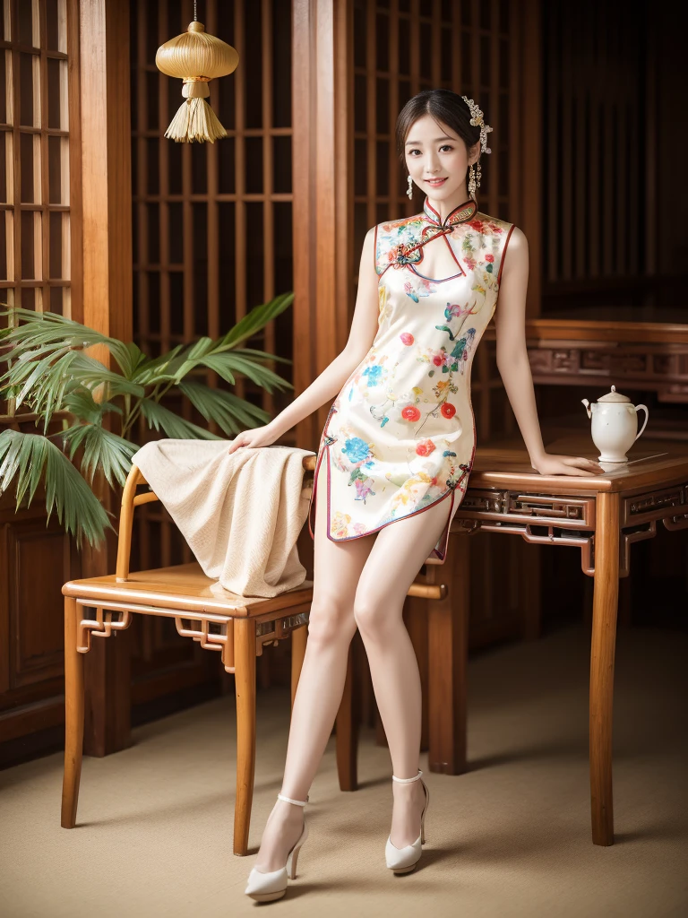 light, Ray Tracing, Film Grain, Depth of Field, Ultra HD, masterpiece, best quality, Super Detail, The award-winning, high resolution, High Detail, Real human skin, Natural skin texture, 1 Girl, Oval face, cheongsam, whole body,Big breasts,indoor, (((Show your thighs))), Bare thighs, Beautiful legs, ((Chest)), Full figure, whole body, kiss, ((Colorful Chinese Clothing)), sit在地上, Smile, High heel, (sit:1.3), Chinese furniture, vase, Sense of space, Face lighting, Depth of Field, Natural light, Flowers, plant, Art Deco Design,