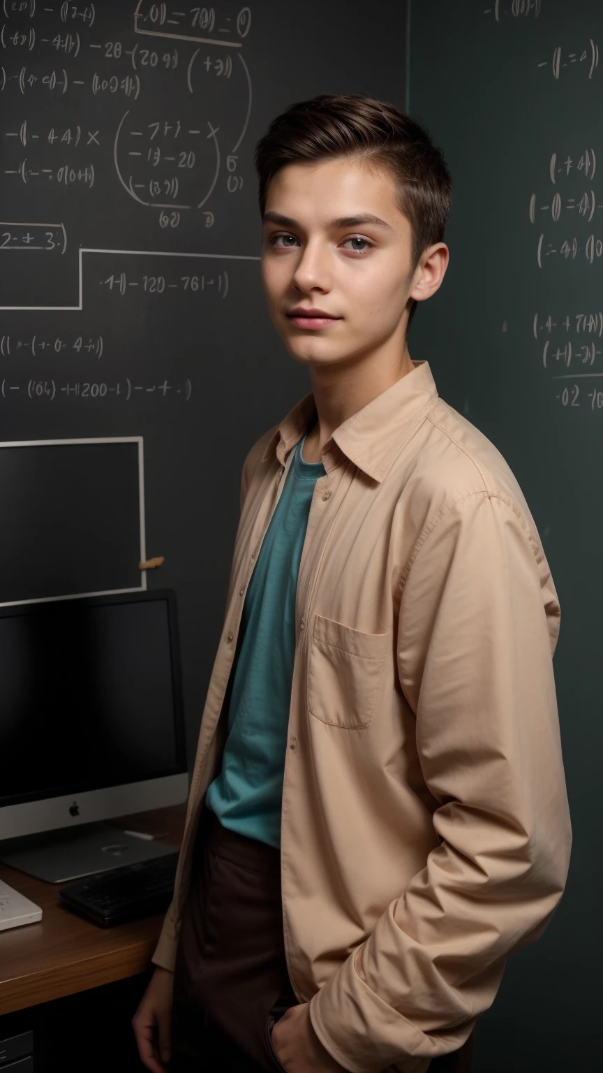 A beautiful young man, a cute male twink, with black hair, a face with reddish make-up, wearing a brown long-sleeved shirt and aqua blue pants. He is in his scientific medical office, and behind him is a blackboard with calculus and mathematical equations written on it, and he looks on proudly.