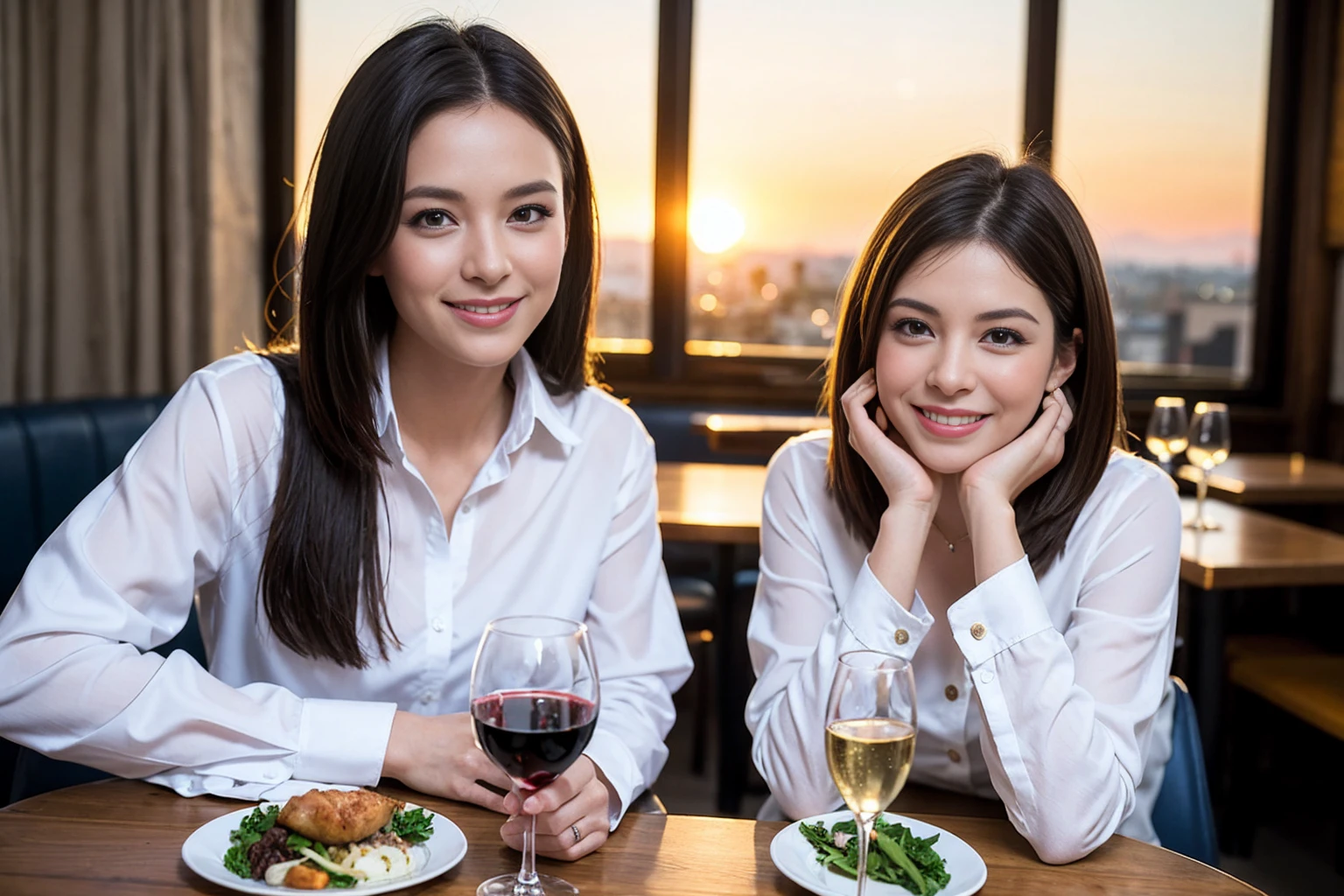 ((Highest quality、、masterpiece:1.3))、1 male、1 female、spouse、Beautiful couple、smile、full-course dinner、 (Slim face), (the body is スリム), (Brown Hair), (Shortcuts), ((Bob Hale、Straight hair:1.2)), テーブルの上のwine glass、Put the light on your face、 Amazing view of the sunset sky and clouds、smileの美しさ、Bright image、Blushing, Shortcuts, (43 years old), 39 years old, Appetizers、Italian food、Wine bottle、Champagne、sparkling wine、Long sleeve shirt、dress、Attractive beauty、restaurant, Nova Frog Style, actress, model, Upper Body, White wine, red wine, wine glass,