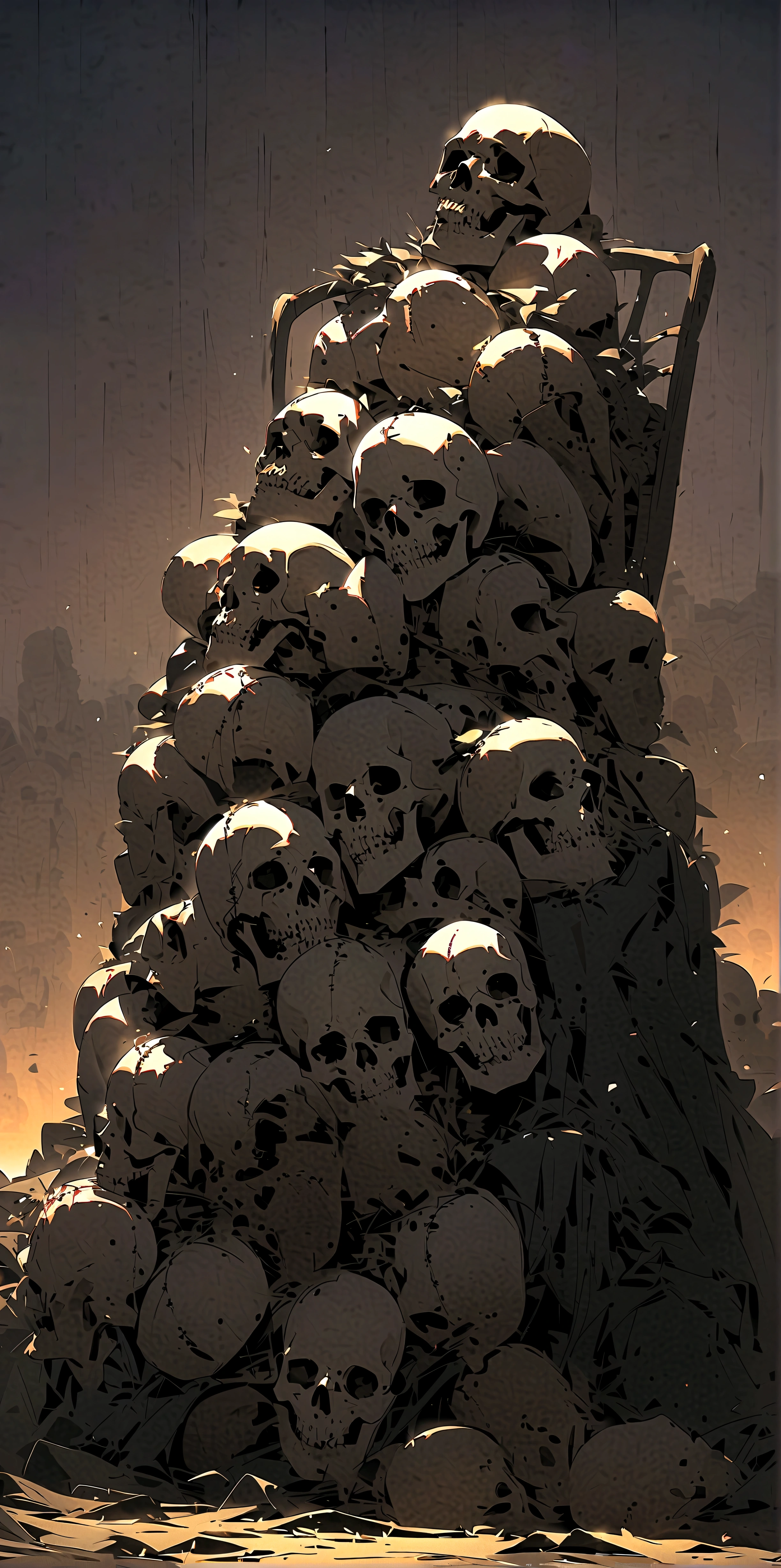 Huge pile of skulls in background of the post-war territory, concept of Desolation and Destruction