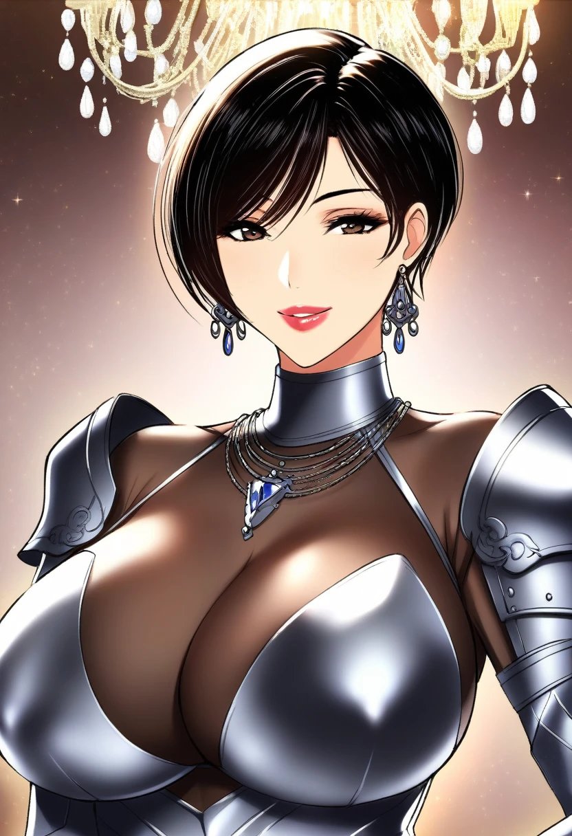 Hot sexy beautiful young milf mommy knight , chandelier earrings,big breasts, lipstick, smiling , black hair,short hair, metallic breasts ,shoulder ,armour,knight accessories , upper body 