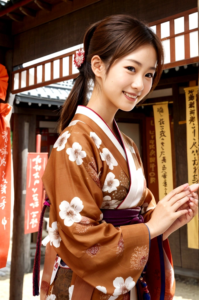 1woman, idol, ponytail, brown hair, shrine, yukata, festival, smile,