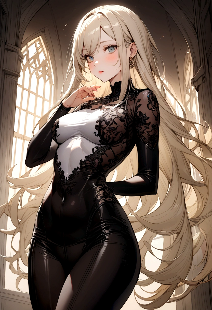 Beautiful, young man, very long, white hair, yellow eyes, cool, handsome, masculine, fashion show model, outfit, black, see-through, confidently, walking, runway, spotlight, Pixiv, anime, clear line drawing, transparent watercolor, clear shading, high-quality, detailed, vertical format, long flowing hair, stylish, presence. Thin macho,