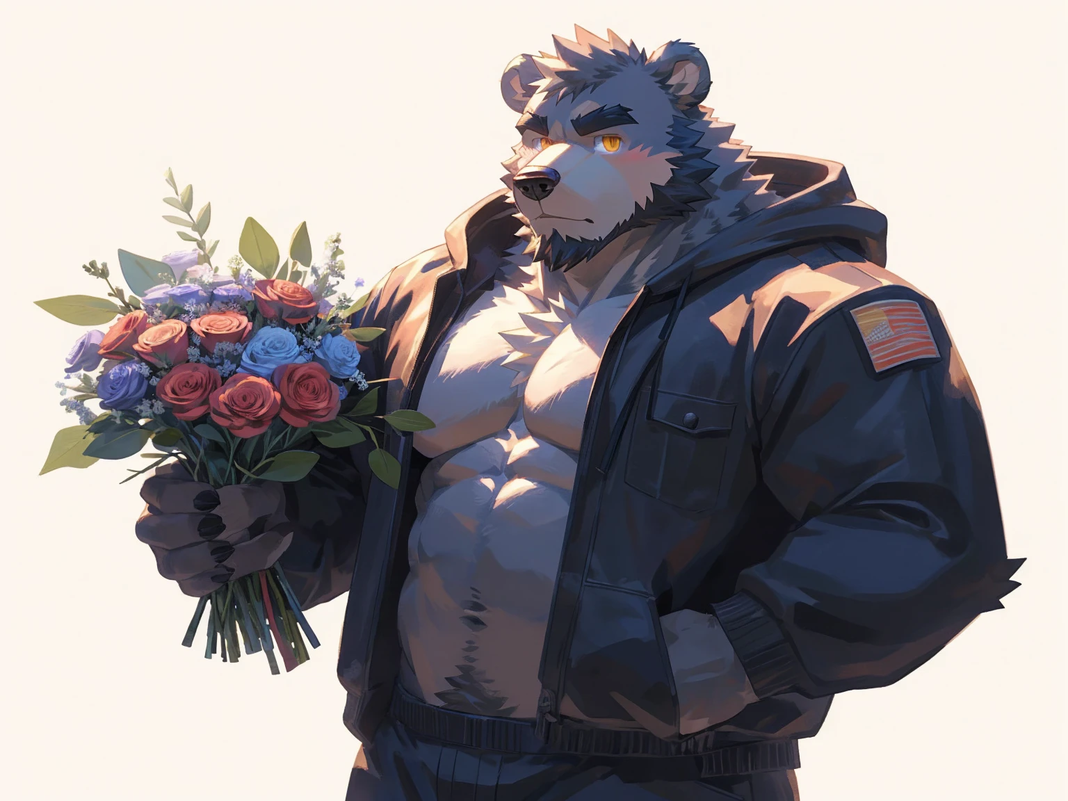 (masterpiece:1.2), best quality,pixiv,official art,perfect anatomy, (Ray tracing, light),solo, (1_male:1.3) , (muscle), (grey fur:1.4), (muscle bear), (beard:1.2), (gleaming golden eyes), bear tail, Thick eyebrows, open hoodie, (naked inside:1.2), cargo pants , (pure white background: 1.3), (holding bouquet:1.3), pokerface, looking at bouquet: