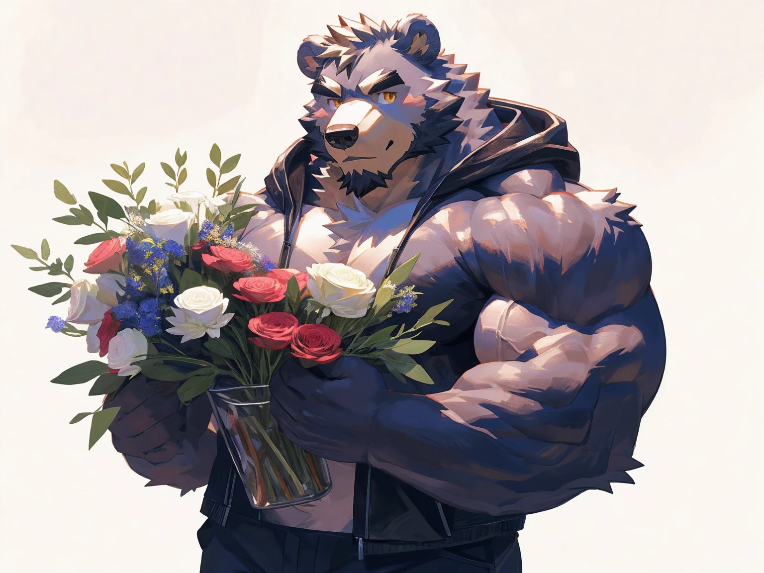 (masterpiece:1.2), best quality,pixiv,official art,perfect anatomy, (Ray tracing, light),solo, (1_male:1.3) , (muscle), (grey fur:1.4), (muscle bear), (beard:1.2), (gleaming golden eyes), bear tail, Thick eyebrows, open hoodie, (naked inside:1.2), cargo pants , (pure white background: 1.3), (holding bouquet:1.3), pokerface, looking at bouquet
