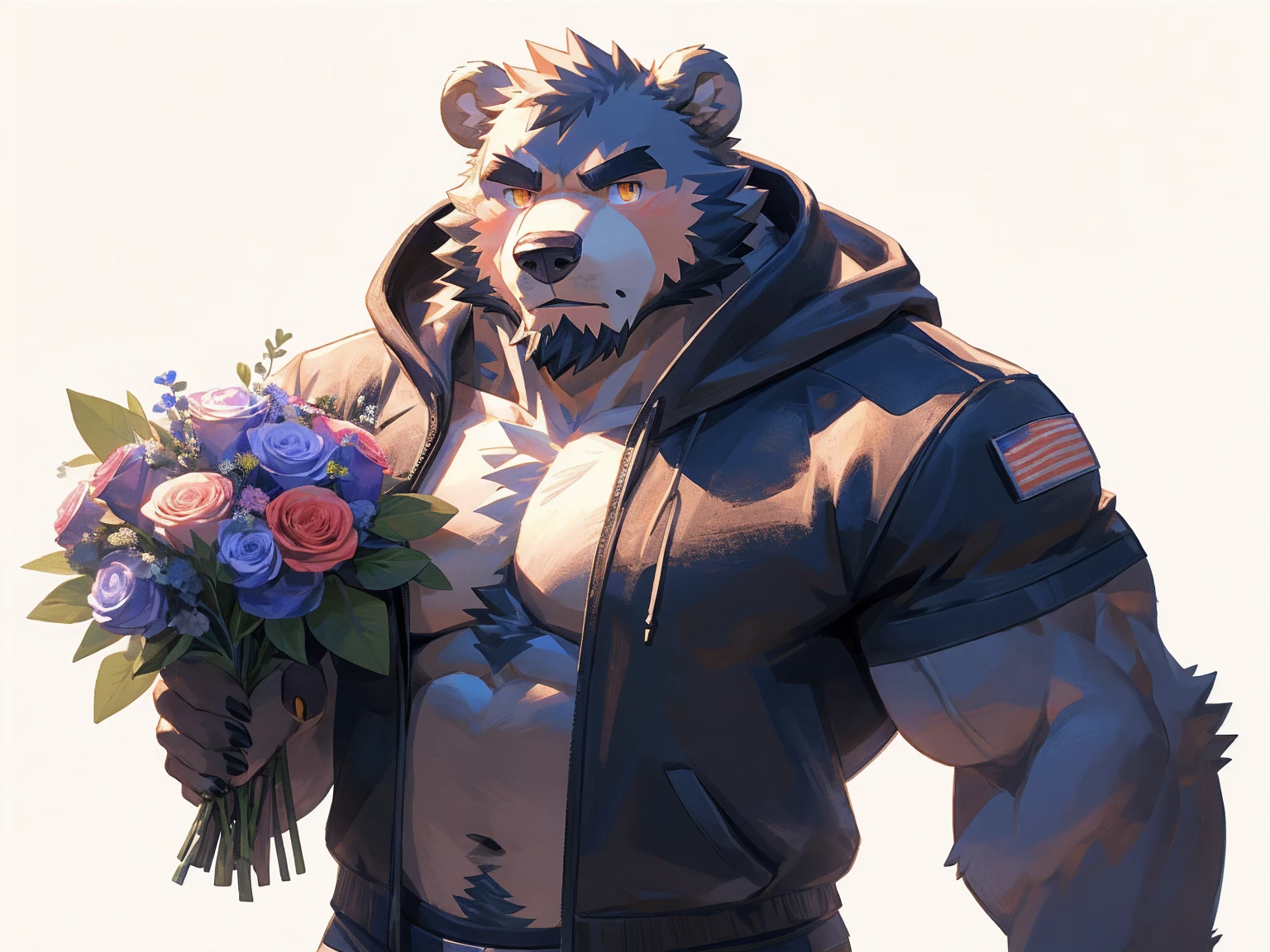 (masterpiece:1.2), best quality,pixiv,official art,perfect anatomy, (Ray tracing, light),solo, (1_male:1.3) , (muscle), (grey fur:1.4), (muscle bear), (beard:1.2), (gleaming golden eyes), bear tail, Thick eyebrows, open hoodie, (naked inside:1.2), cargo pants , (pure white background: 1.3), (holding bouquet:1.3), pokerface, looking at bouquet