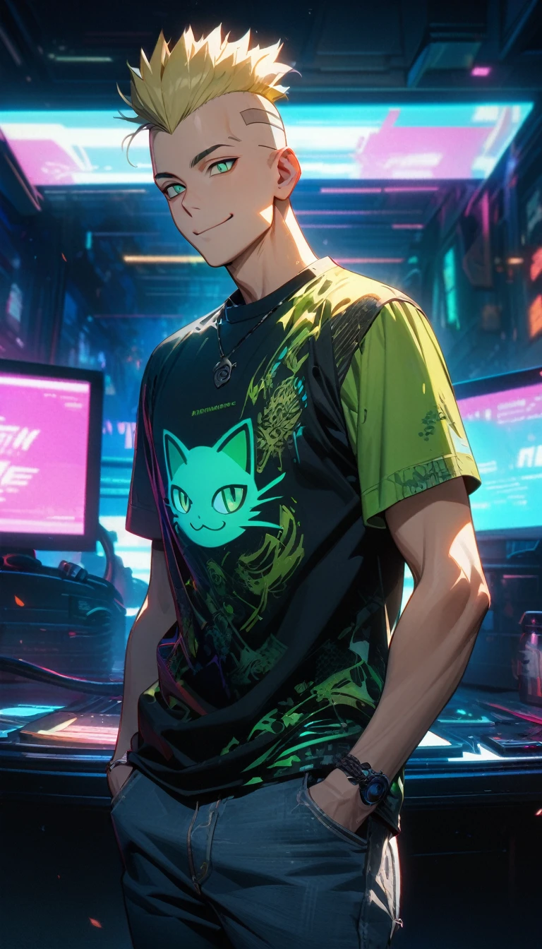 Adult man, blonde hair, mohawk haircut, green cat eyes, cyberpunk Chinese shirt, short sleeves, jeans, smile, Masterpiece, best quality, Full HD, 8k, ultra details, great graphic