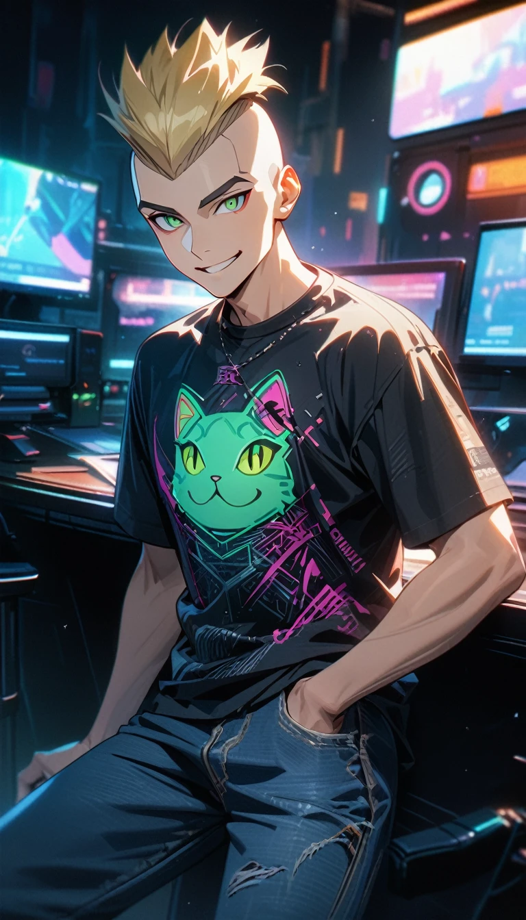 Adult man, blonde hair, mohawk haircut, green cat eyes, cyberpunk Chinese shirt, short sleeves, jeans, smile, Masterpiece, best quality, Full HD, 8k, ultra details, great graphic