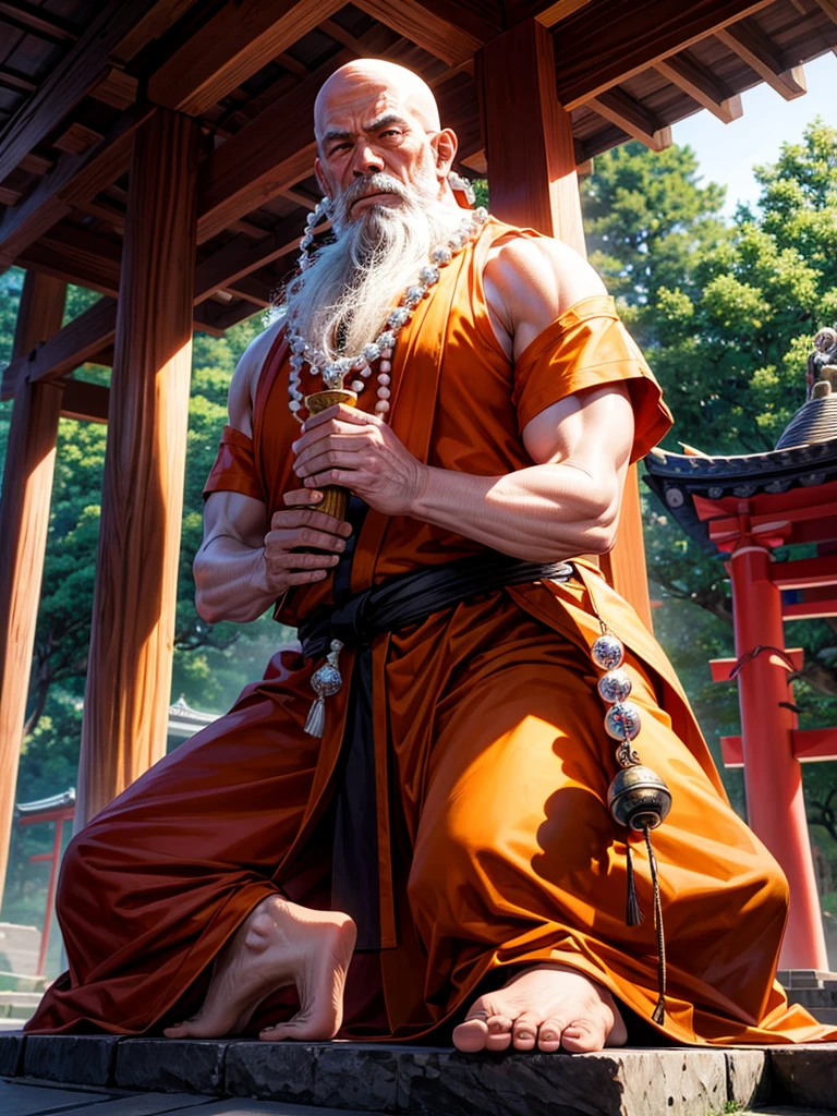 Highest quality,Highest Resolution,An old monk holding a rosary,Temple grounds,Japan,Skinhead,Crystal Jade,Kempo stance,