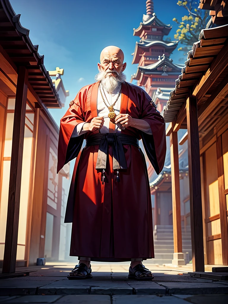 Highest quality,Highest Resolution,An old monk holding a rosary,Temple grounds,Japan,Skinhead,Crystal Jade,Kempo stance,