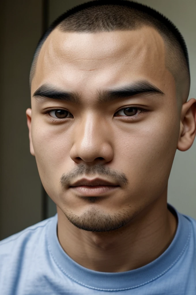 Asian man, oval face, double eyelids, small eyes, bushy eyebrows, thin lips, skinhead hair, cute face.