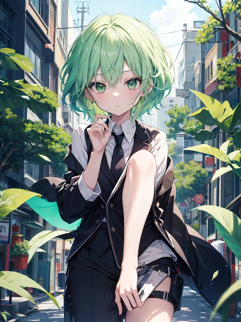 anime style 4 k, anime style. 8k, light green hair, no background, graduated haircut, business suit,