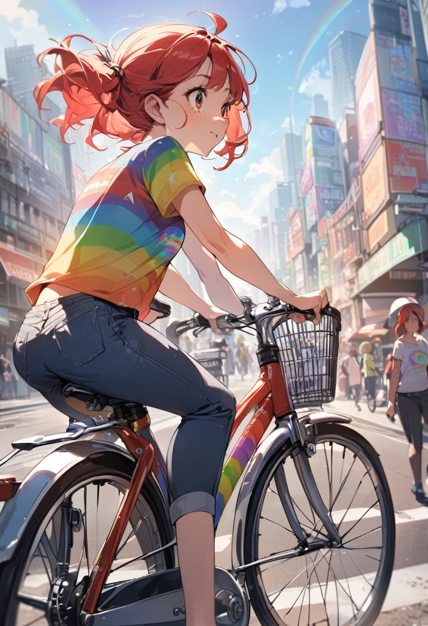 outdoors, young girl(red hair, freckles, big eyes, rainbow t-shirt, pants), city background, riding by bycycle