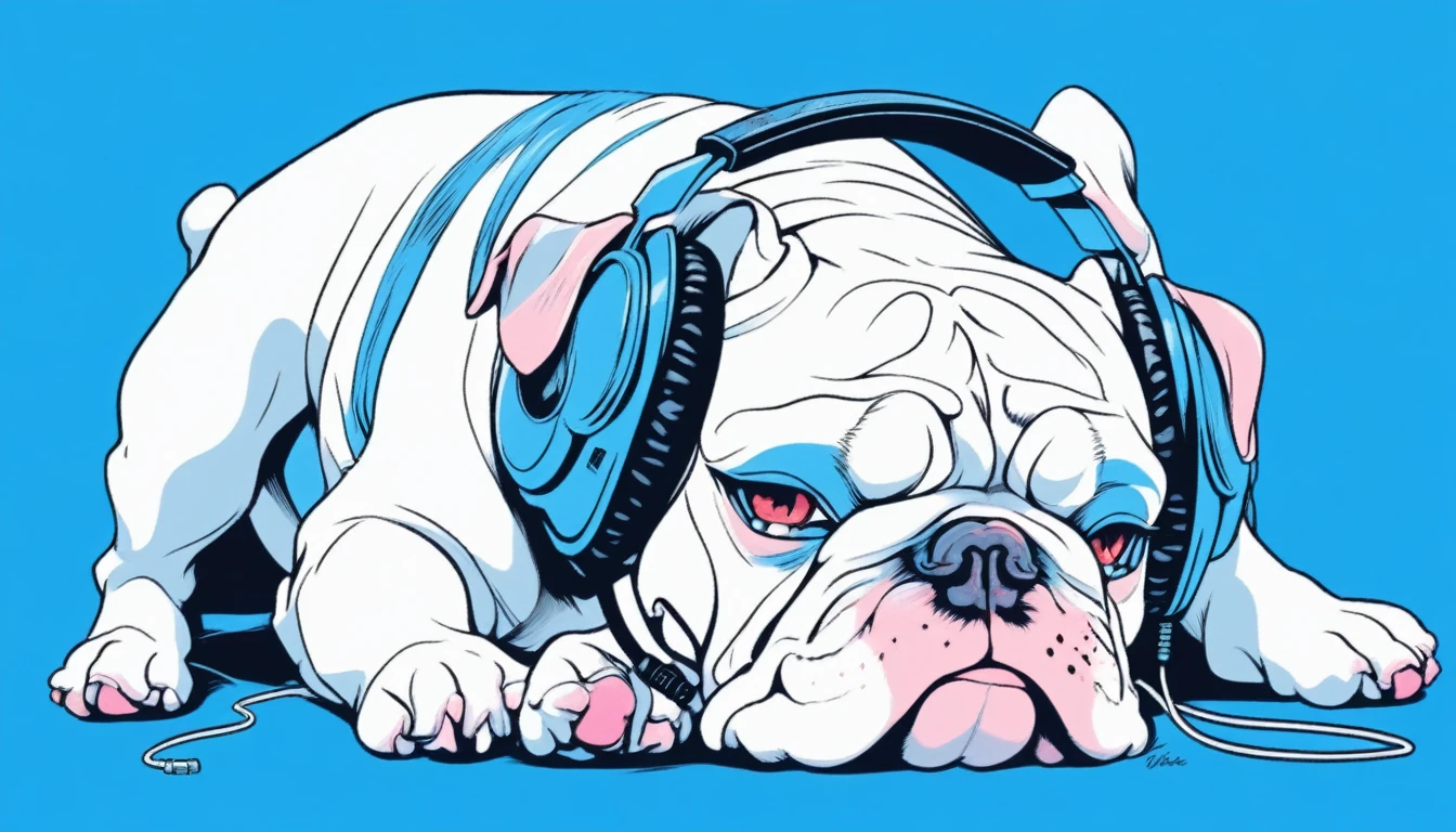 Illustrator, anime , Realistic ,sketch , Bulldog with headphones, smile，Lying face down,lip, T-shirt,order,Textured Trim, (masterpiece,Highest quality) Blue background, Neon Hair,Textured Trim, Canadian, (masterpiece,Highest quality) Cancer，