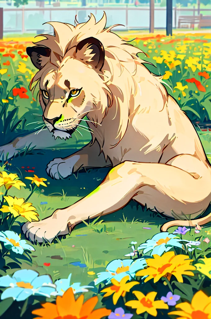1 Lion playing in the park filled with brightly colored flowers, 8k, UHD