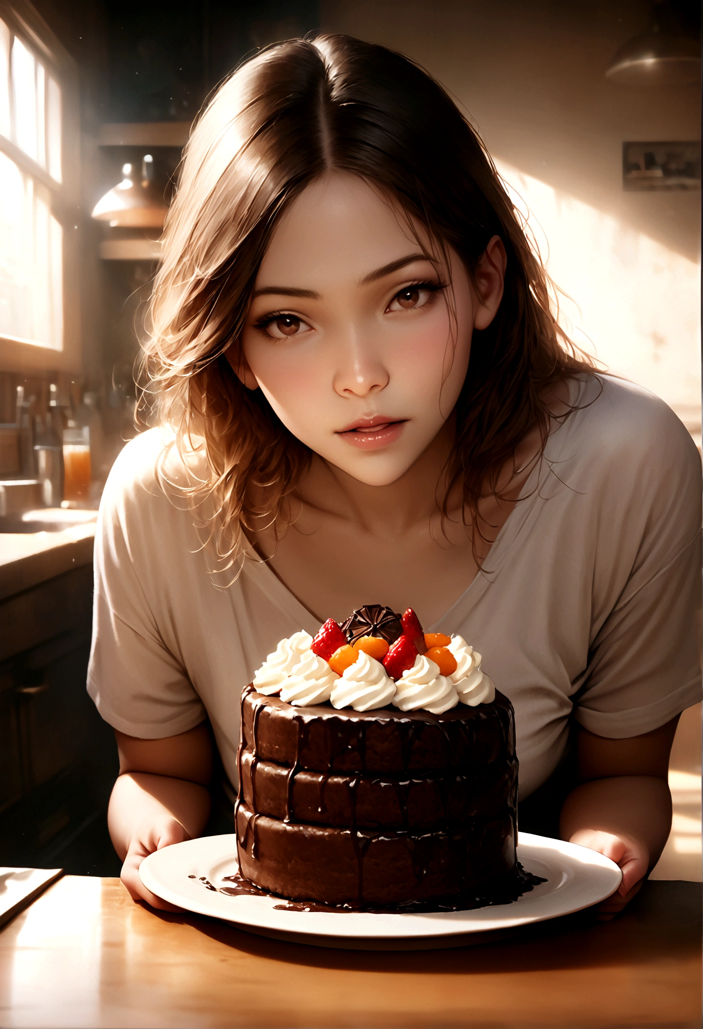 ((masterpiece, Highest quality, Best image quality, High resolution, Realistic, RAW Photos, 32k)), ((Highly detailed CG integrated 32k wallpaper)), The entire subject in the photograph, delicious, crisp and sharp, Full plate, (((Photos of food only))), rich chocolate cake,