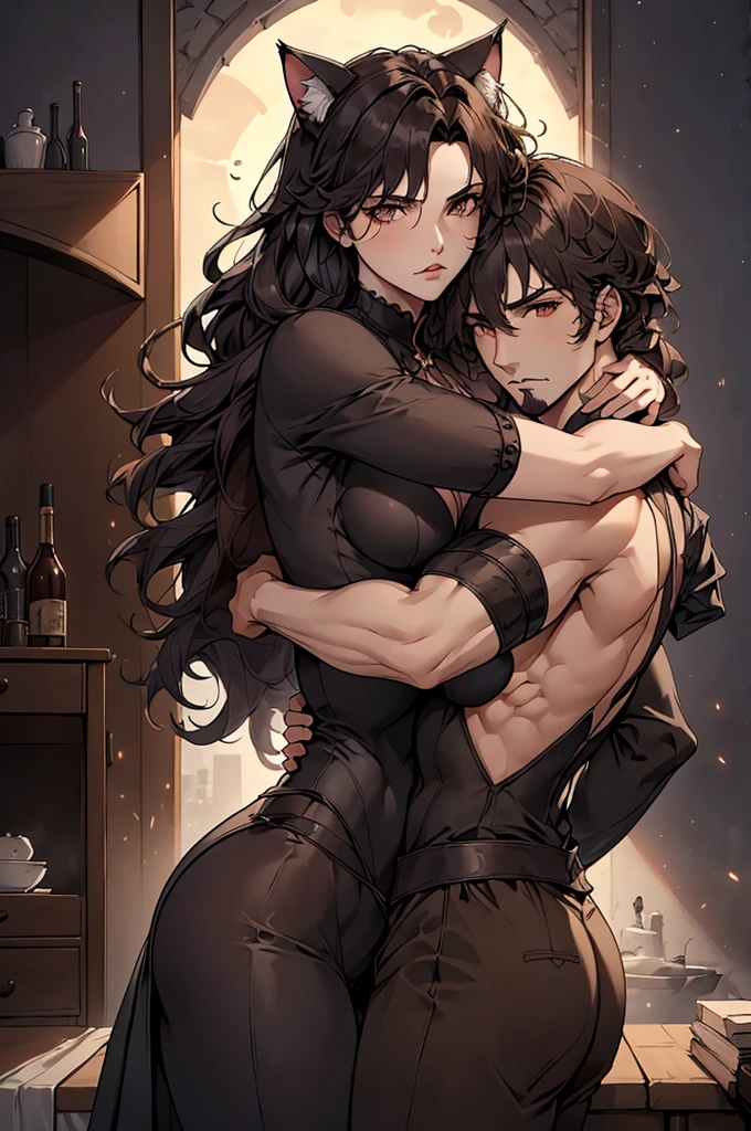 (((a man and woman couple posing dynamically, each one with their respective Lora)))At the heart of an incredibly realistic work of art., The neocruz man, or man , Midway transitions under the cover of night.. His muscles ripple and long black hair with a Count Dracula-style beard. , beautiful hugging woman.. He finds himself before an adult vampire junkotvv woman with (cat ears)., Her sleek leather outfit hugs her curves in a seductive way. its length, cabello negro con cat ears cae en cascada por su espalda, covering his face while putting up fierce resistance.. The captivating scene comes to life through fantastic realism., with every detail meticulously represented for the best sensory experience at night and under a full moon, on the outskirts of a gothic style castle.