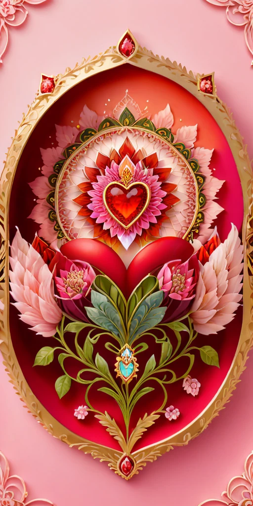 1 crystal heart red color, at center, pastel pink background and mandala motifs
