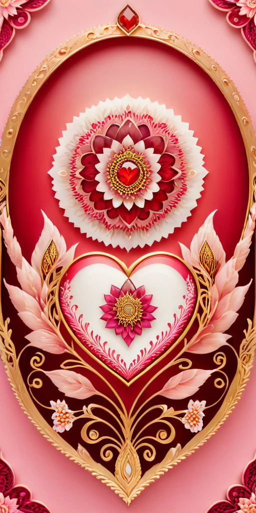 1 crystal heart red color, at center, pastel pink background and mandala motifs