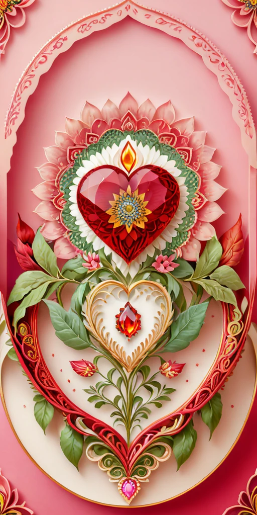 1 crystal heart red color, at center, pastel pink background and mandala motifs