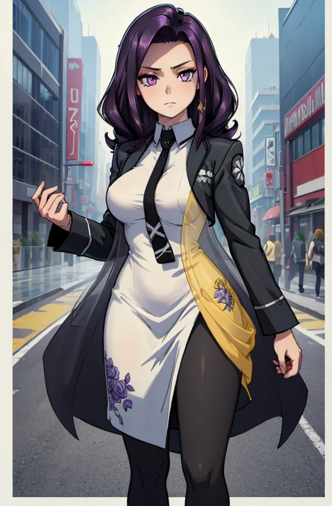 Masterpiece. detailed eyes, waist-length reddish purple hair, Large breasts, black dress, black shirt, magic_high_school_uniform, Charcoal jacket, black necktie, yellow skirt embroidery