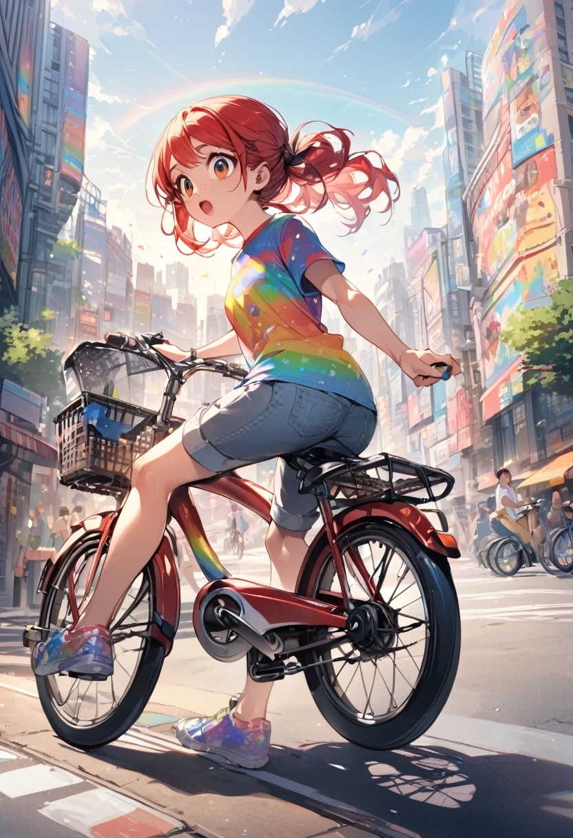 outdoors, young girl(red hair, freckles, big eyes, rainbow t-shirt, pants), city background, riding by bycycle