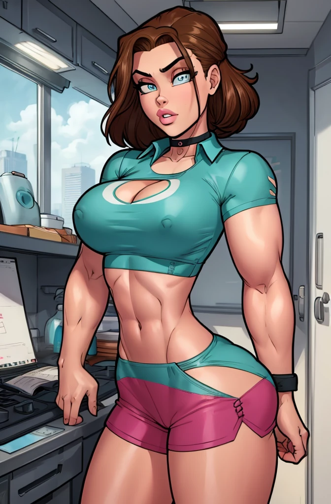 Masterpiece. detailed eyes, rabiestlagomorph, messy brown hair, hair tied back, light blue eyes, busty, turquoise deep cut collared shirt, crop top, short sleeves, magenta booty shorts, slender, choker