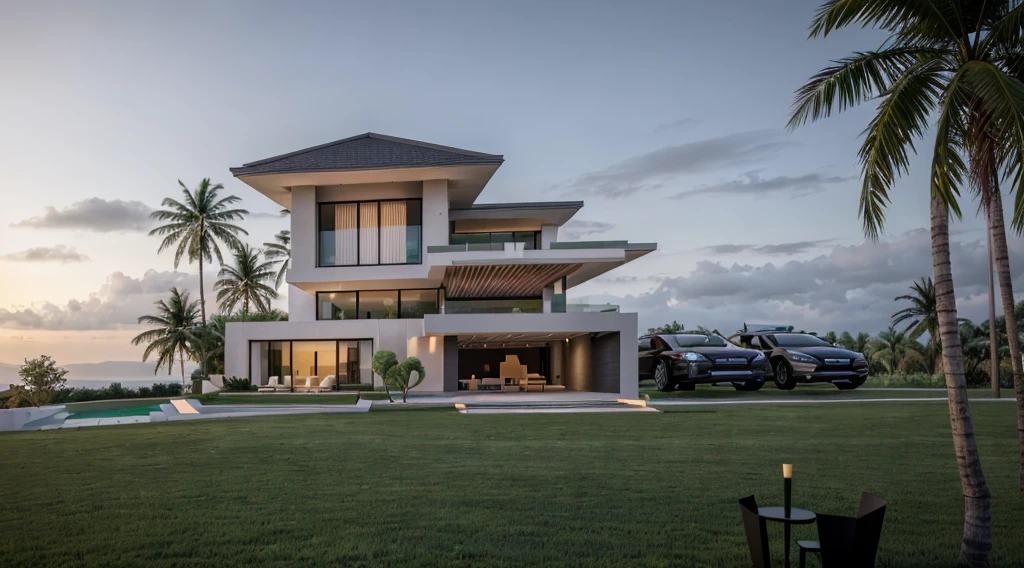 arafed view of a modern villa , sunrise time, a green grass, green landscape, coconut tree, cars, architectural render, architectural visualization, architectural rendering, large modern residence, architectural 3 d render, award-winning render, stunning render, modern, realistic, interior architecture, Art Deco, depth of field, motion blur, cinematic lighting, vignetting, highres, high quality, high details, masterpiece