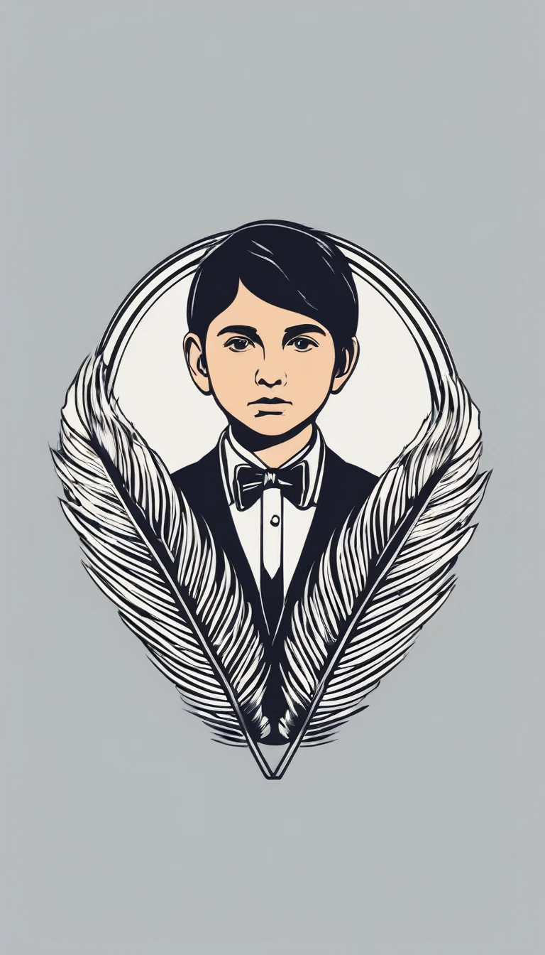 A minimal, modern, simple, cinematic logo design e of a boy with a head full of feathers for the brand “Penamemoria".