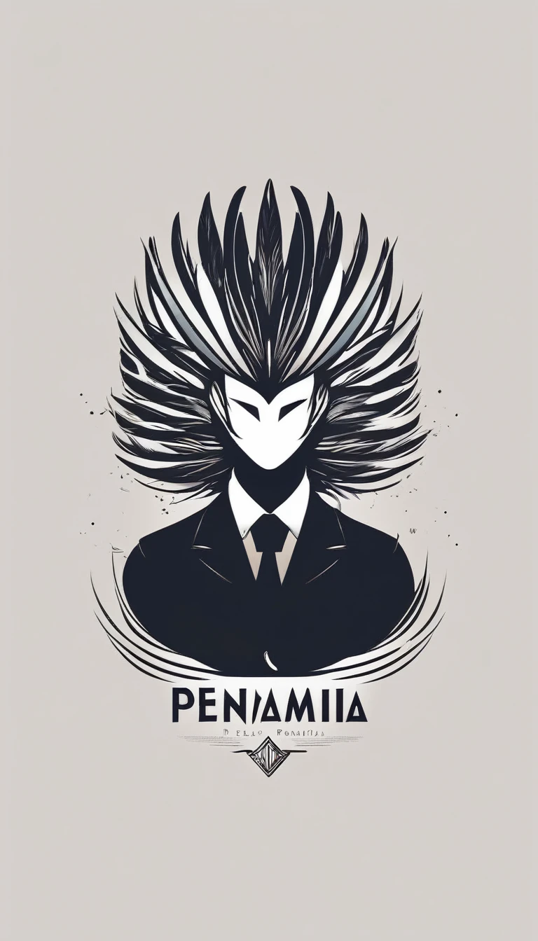 A minimal, modern, simple, cinematic logo design e of a boy with a head full of feathers for the brand “Penamemoria".