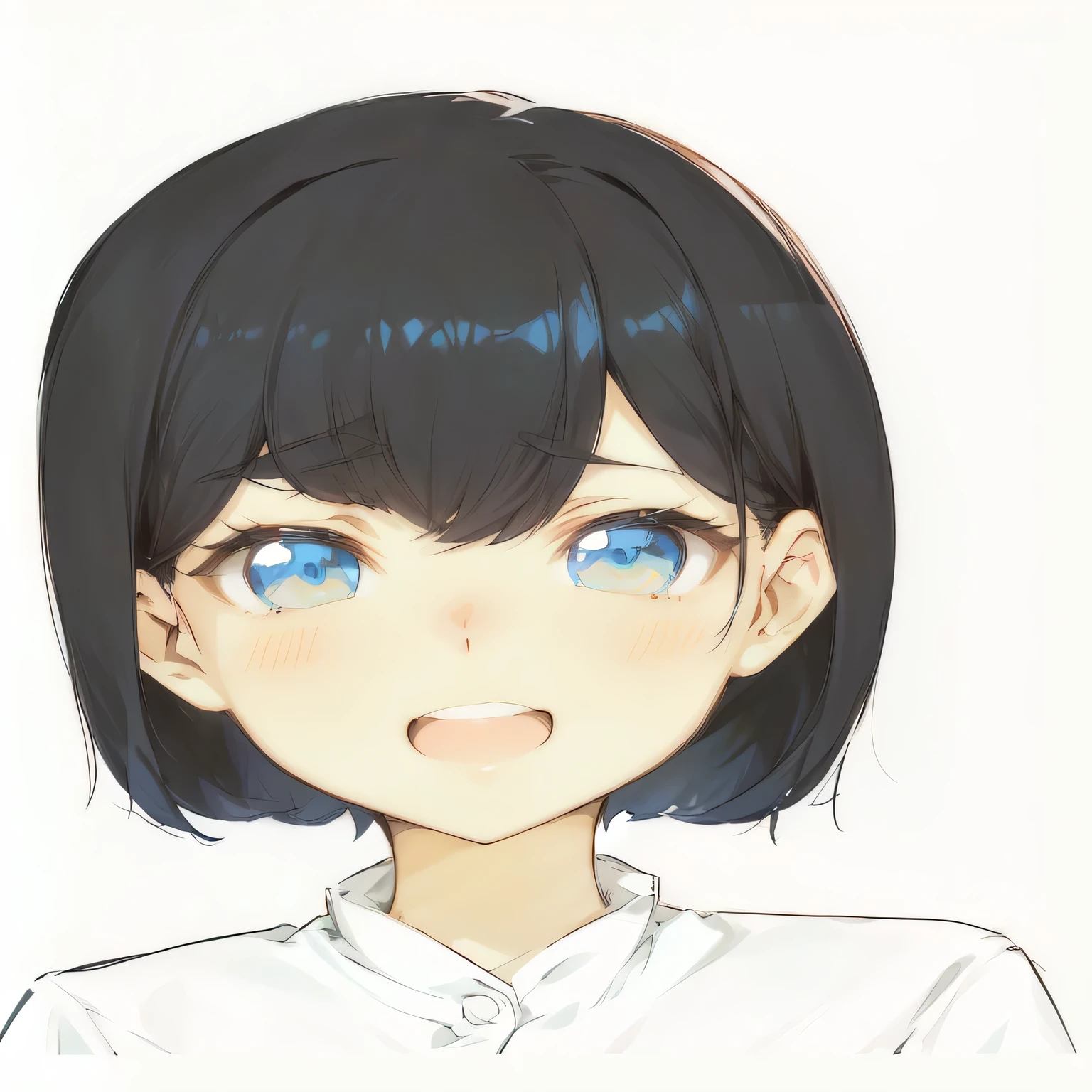 masterpiece, best quality, ultra-detailed, illustration, straight on, emotionless face, body and face, fluffy short dark blue hair, black eyes, fluffy short hair, wearing a white shirt, a 22 years old girl, blank background, hide hands.