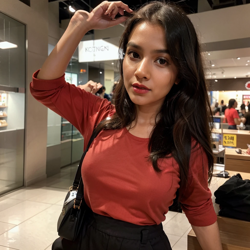 best quality,4k,8k,highres,masterpiece:1.2),ultra-detailed,(realistic,photorealistic,photo-realistic:1.37) a close up of a woman with long hair and red lipstick, 28 years old, sexy red lips, beautiful Sri lankan woman, red lips, she is about 28 years old, she is about 28 years old, sexy look, 28 years old. posing for an Instagram post, In a mall, wearing a black baggy tshirt and an elephant leg trouser, holding a hand bag in the hand