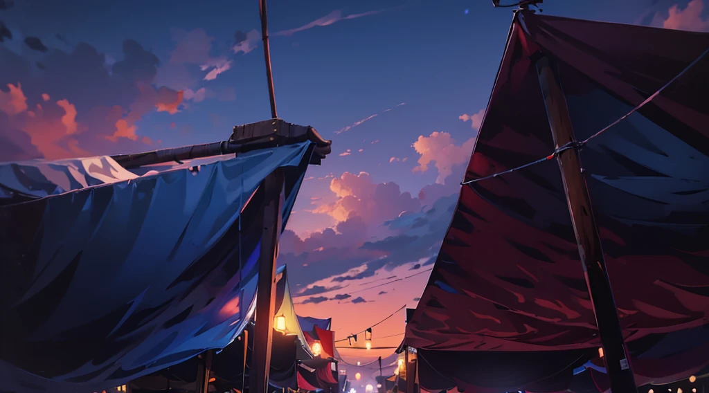 (under tarp canopy, wooden pole, under the market tents, under the canopies), wire, buildings roofs farr away, low angle, dawn sky, dark morning,