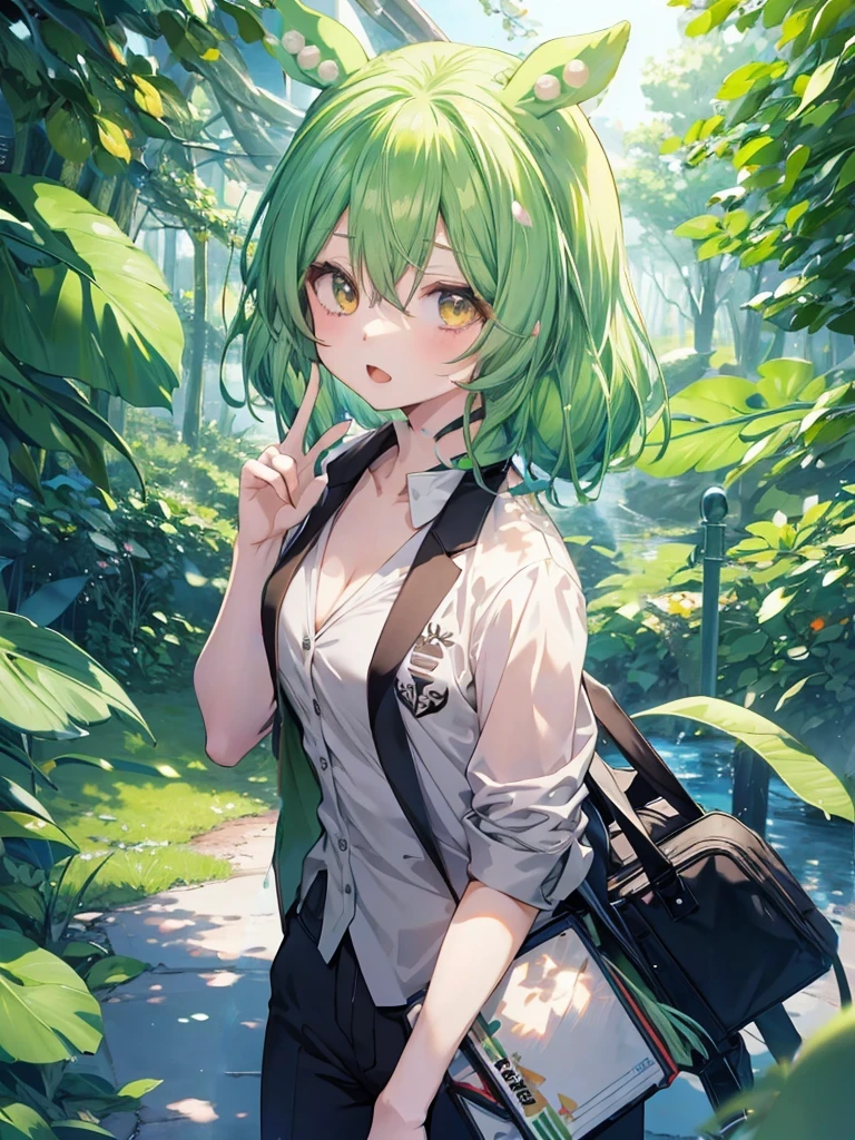 anime style 4 k, anime style. 8k, light green hair, no background, graduated haircut, business suit,