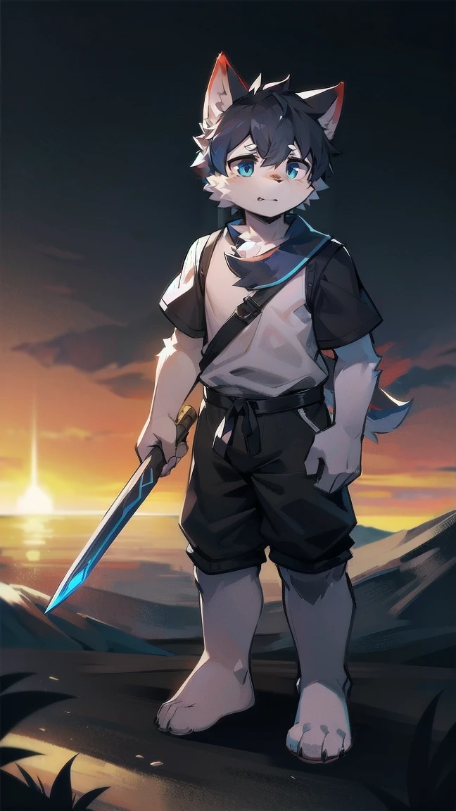 White Wolf,black hair,Sky blue eyes,hairy,Wolf ears,Wolf tail,Full body portrait,The character is in the center of the frame,Handsome,Confident eye***but,juvenile,Black and white combat uniform,Red neck bib,Black shorts,Short sleeve,hairy arms and legs,Dark background,Dark battlefield,dawn,sunrise,dawn,illumination,shadow,Swordsman,Scabbard and Hold the hilt of a in your hand,The scabbard is at the waist,Highest quality,A tall stature